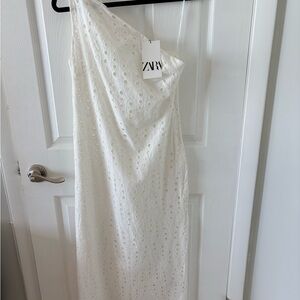 Zara White One-Shoulder Eyelet Midi Dress